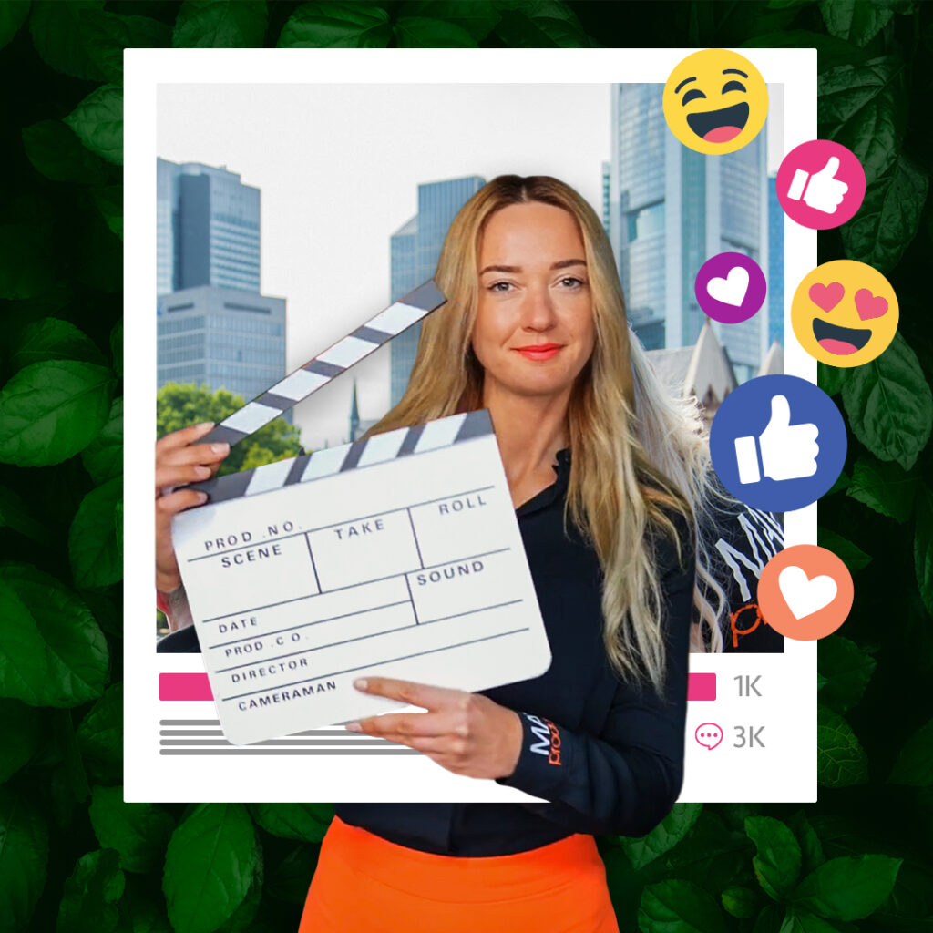 Social Media Frame mit Frau und Filmklappe und Emojis